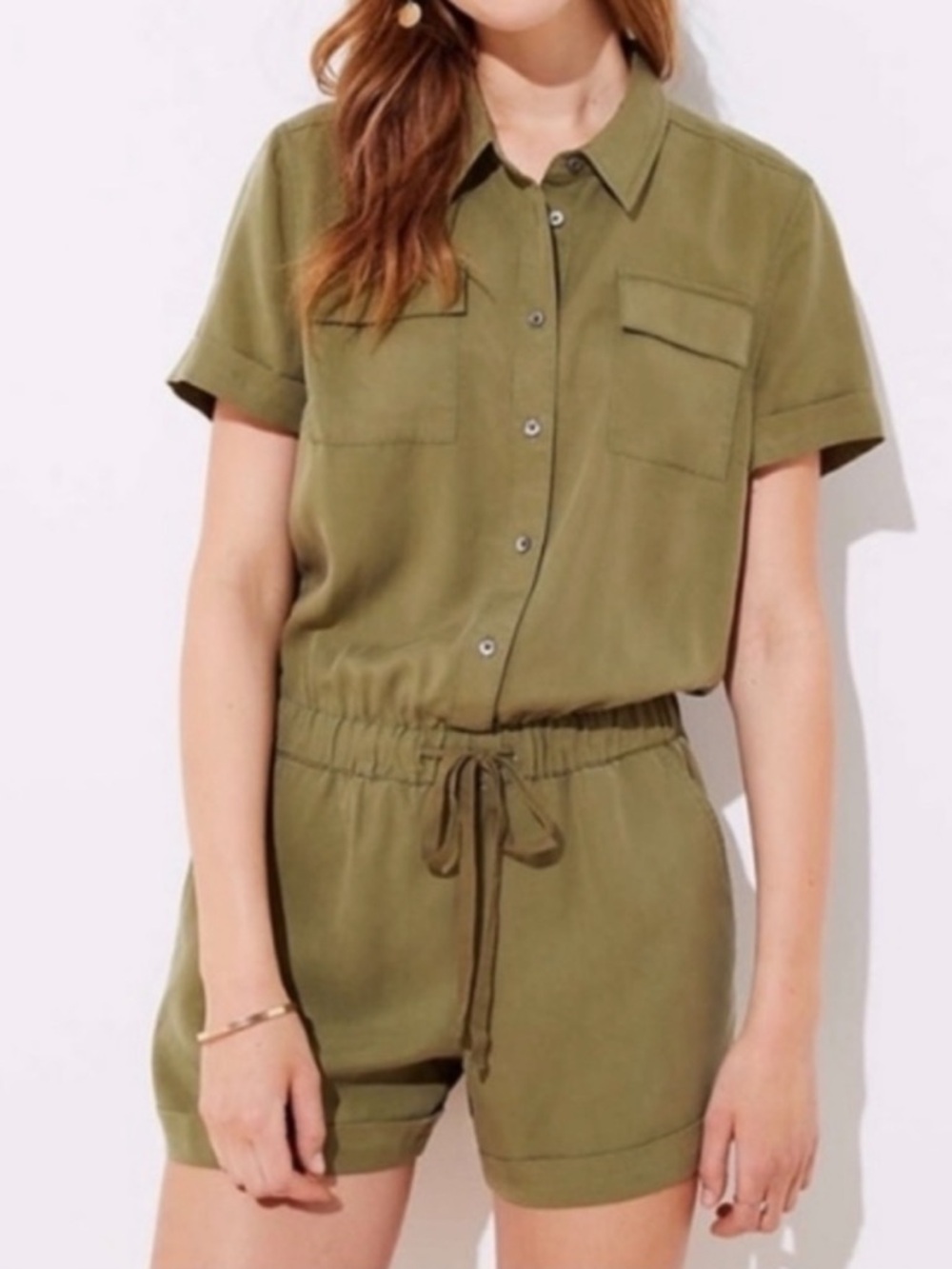 LOFT Olive Green Short Sleeve Utility Romper